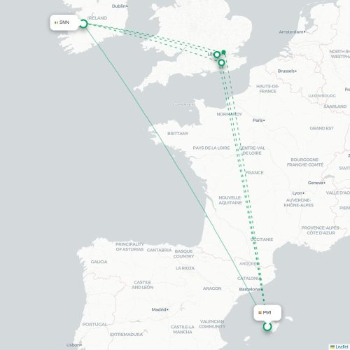 Mapa lotu bezpośredniego Palma de Mallorca – Shannon