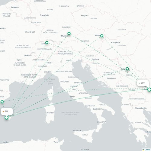 Mapa de vuelo directo Palma - Sofía
