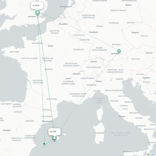 Mapa de vuelo directo Palma - Londres