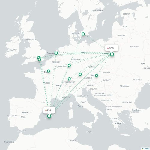 Mapa lotu bezpośredniego Palma de Mallorca – Warszawa