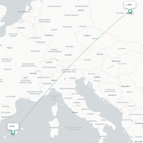 Mapa lotu bezpośredniego Palma de Mallorca – Warszawa