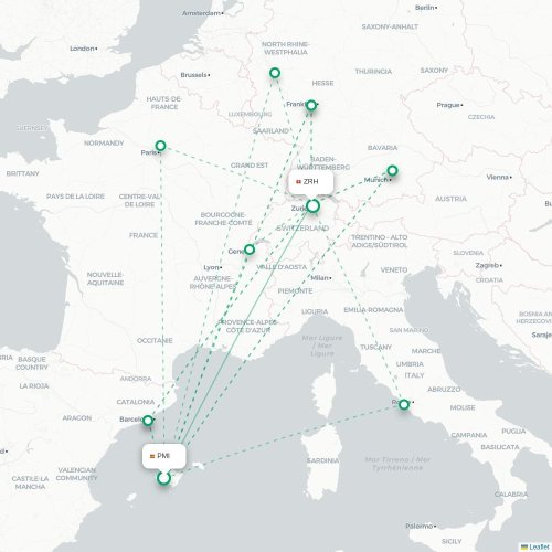 Mapa de vuelo directo Palma - Zúrich