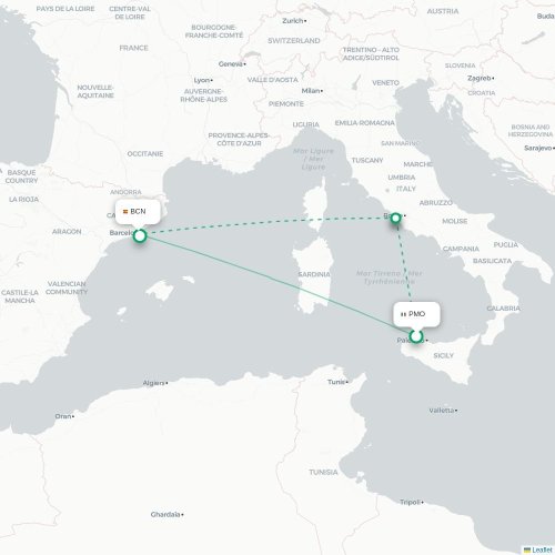 Mapa de vuelo directo Palermo - Barcelona