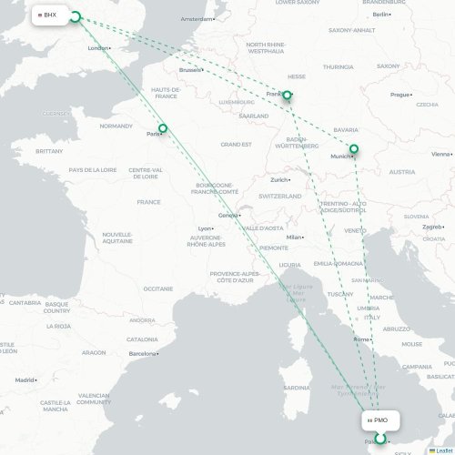 Mapa de vuelo directo Palermo - Birmingham