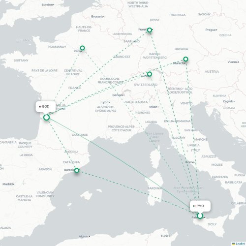 Mapa de vuelo directo Palermo - Burdeos