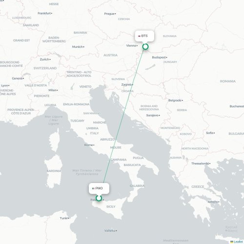 Palermo - Bratislava kort over direkte fly