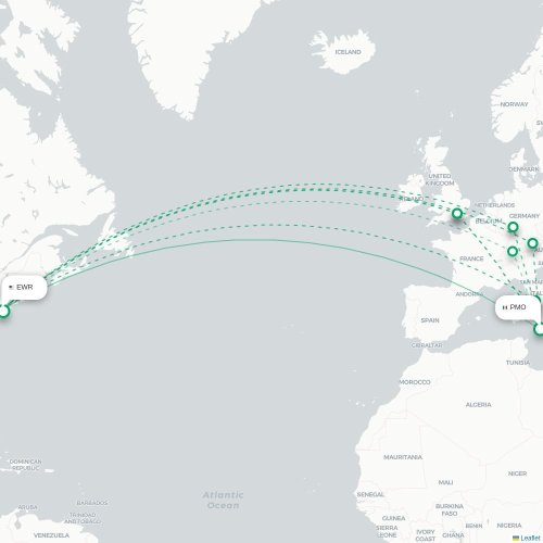 Mapa de vuelo directo Palermo - Newark