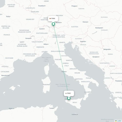 Palermo - Memmingen kaart van rechtstreekse vlucht