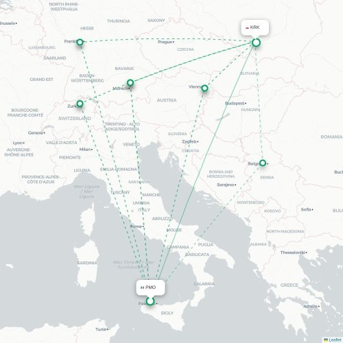 Mapa lotu bezpośredniego Palermo – Kraków