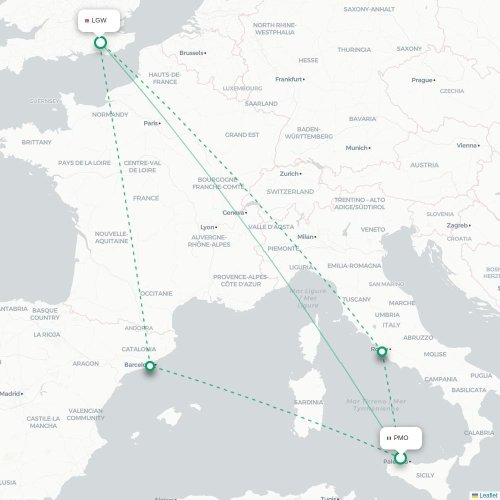 Mapa de vuelo directo Palermo - Londres