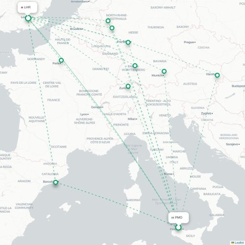 Mapa de vuelo directo Palermo - Londres