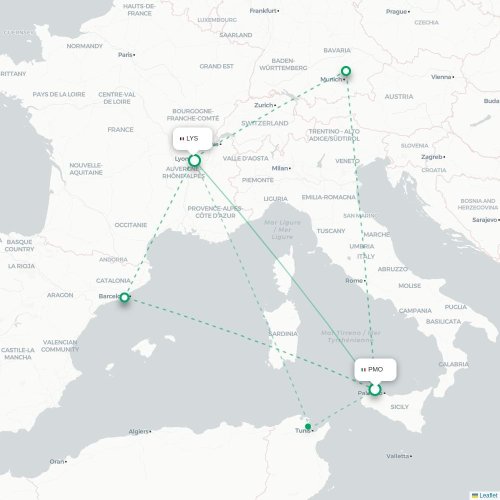 Mapa de vuelo directo Palermo - Lyon