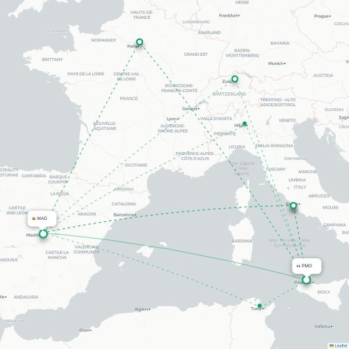 Mapa de vuelo directo Palermo - Madrid