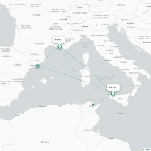 Mapa de vuelo directo Palermo - Marsella