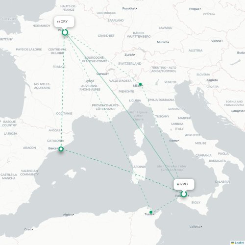 Mapa lotu bezpośredniego Palermo – Paryż