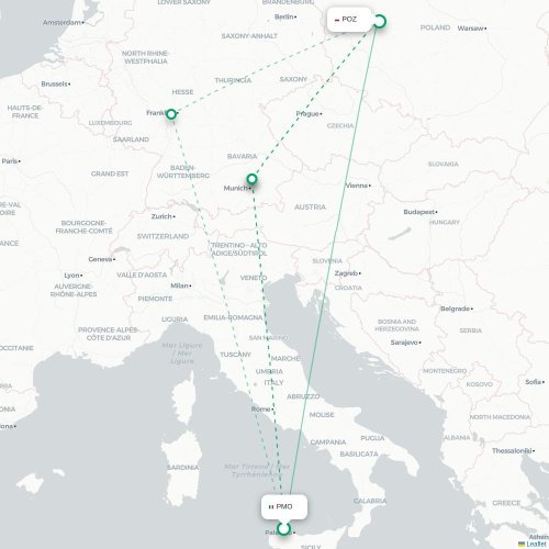 Mapa lotu bezpośredniego Palermo – Poznań