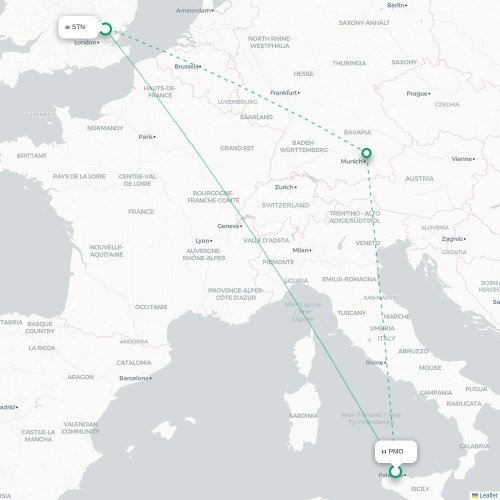 Mapa de vuelo directo Palermo - Londres