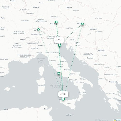 Mapa lotu bezpośredniego Palermo – Wenecja