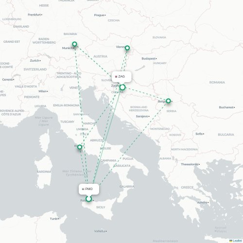 Palermo - Zagreb kort over direkte fly