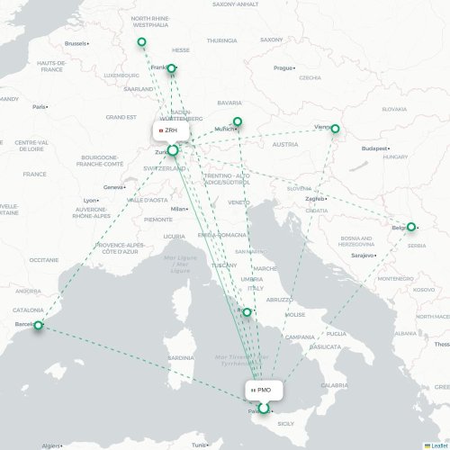 Palermo - Zurich karta över direktflyg
