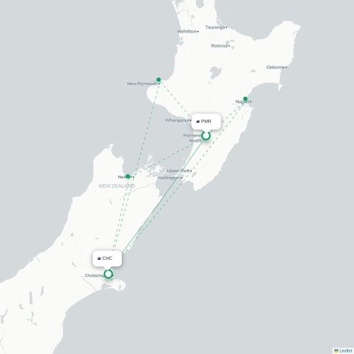 Palmerston North - Christchurch kort over direkte fly