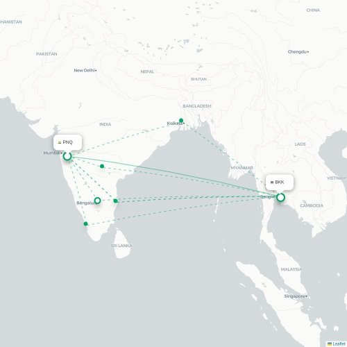 Pune – Bangkok suoran lennon kartta