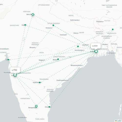 Pune – Kalkutta suoran lennon kartta