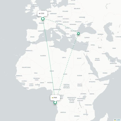 Pointe-Noire - Paris kort over direkte fly