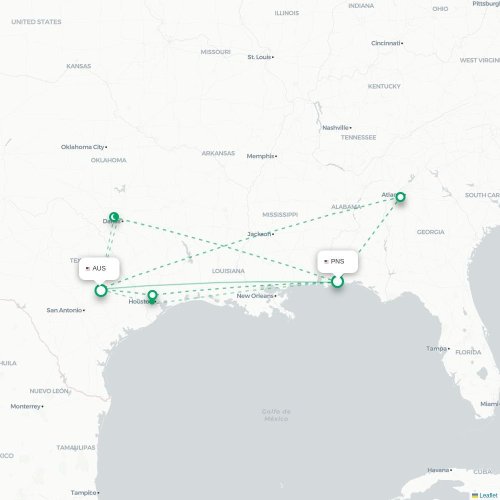 Mapa de vuelo directo Pensacola - Austin