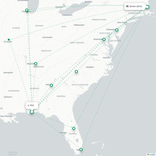 Mapa de vuelo directo Pensacola - Boston