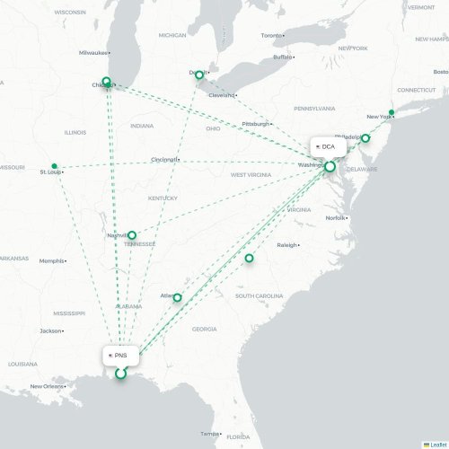 Mapa de vuelo directo Pensacola - Washington D. C.