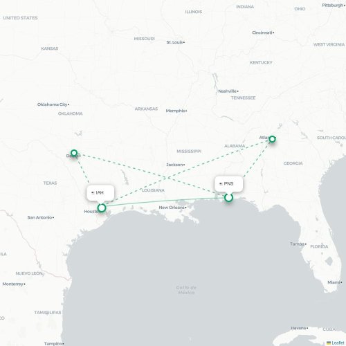 Mapa de vuelo directo Pensacola - Houston