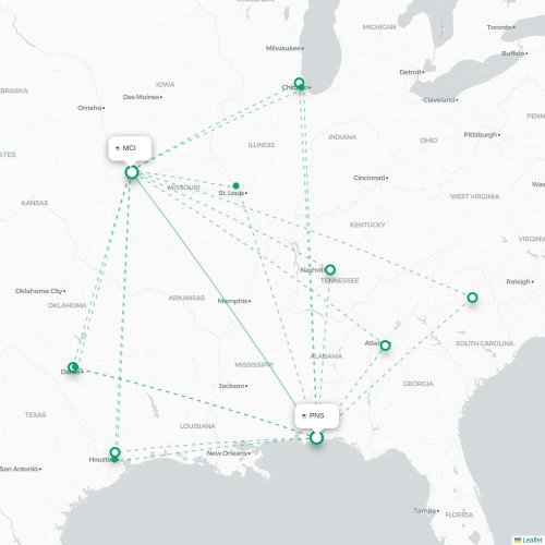 Mapa de vuelo directo Pensacola - Kansas City