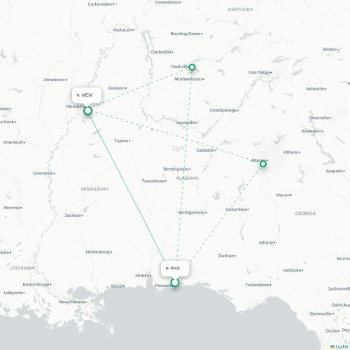 Mapa de vuelo directo Pensacola - Memphis