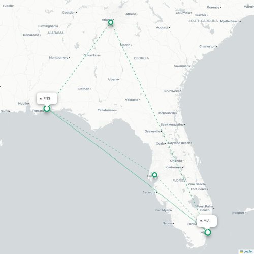 Mapa de vuelo directo Pensacola - Miami