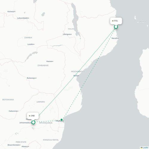 Pemba - Johannesburg karta över direktflyg
