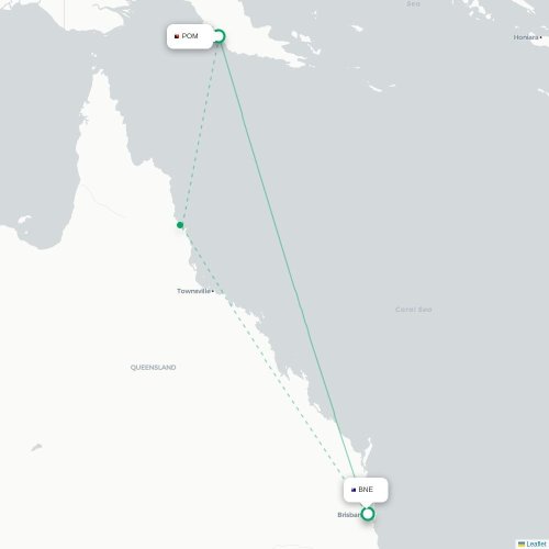 Port Moresby - Brisbane kort over direkte fly