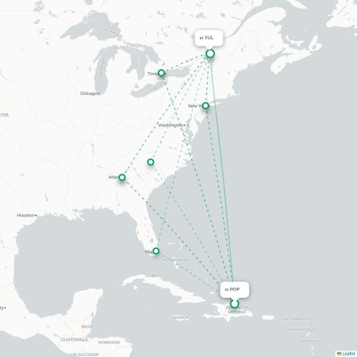 Mapa de vuelo directo San Felipe de Puerto Plata - Montreal