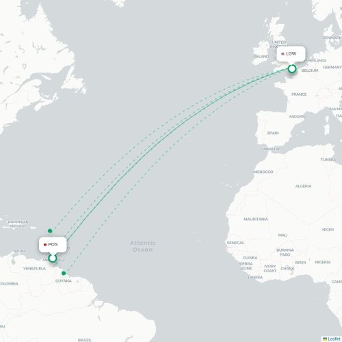 Mapa lotu bezpośredniego Port-of-Spain – Londyn