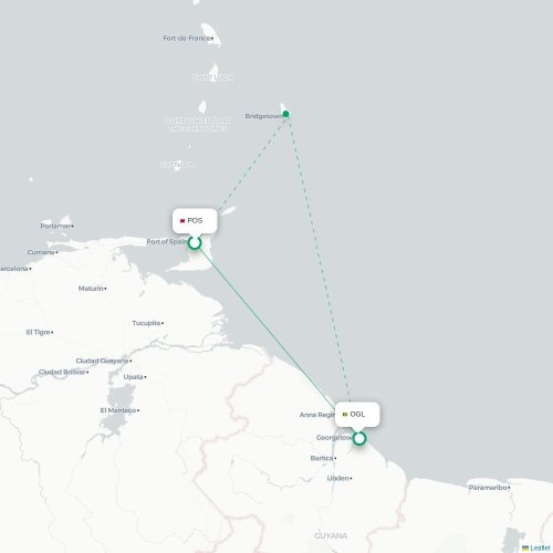 Mapa de vuelo directo Puerto España - Georgetown