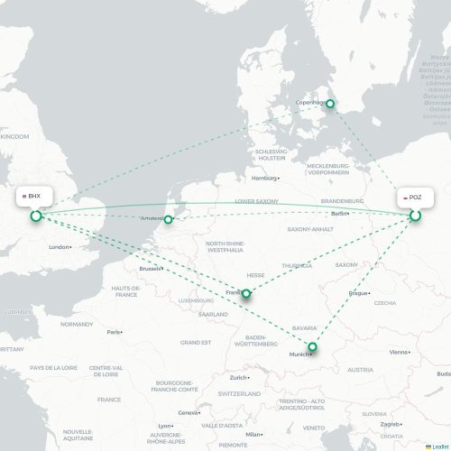 Mapa de vuelo directo Posnania - Birmingham