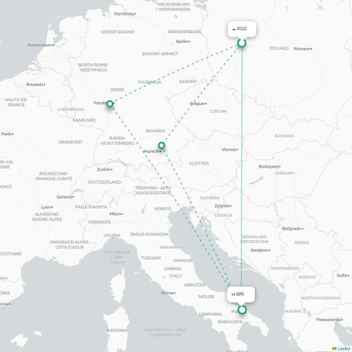 Mapa lotu bezpośredniego Poznań – Bari
