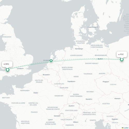 Mapa de vuelo directo Posnania - Brístol