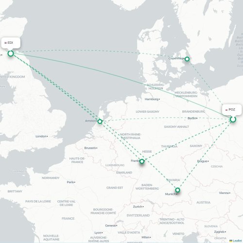 Mapa de vuelo directo Posnania - Edimburgo