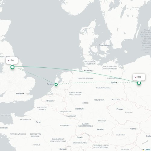 Mapa lotu bezpośredniego Poznań – Leeds, West Yorkshire