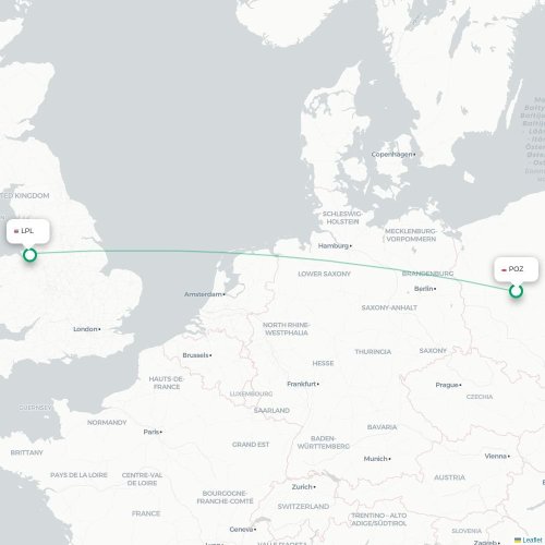 Mapa de vuelo directo Posnania - Liverpool