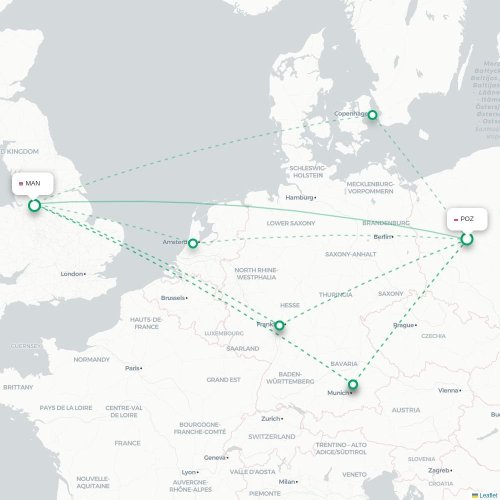 Mapa de vuelo directo Posnania - Mánchester