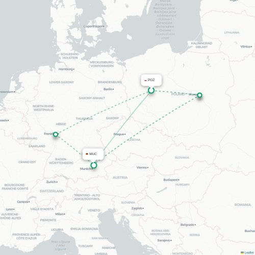 Mapa de vuelo directo Posnania - Múnich