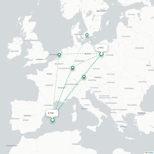 Mapa lotu bezpośredniego Poznań – Palma de Mallorca