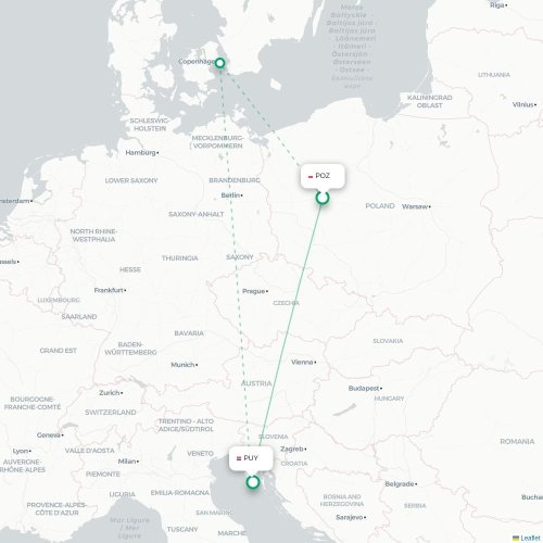 Mapa lotu bezpośredniego Poznań – Pula